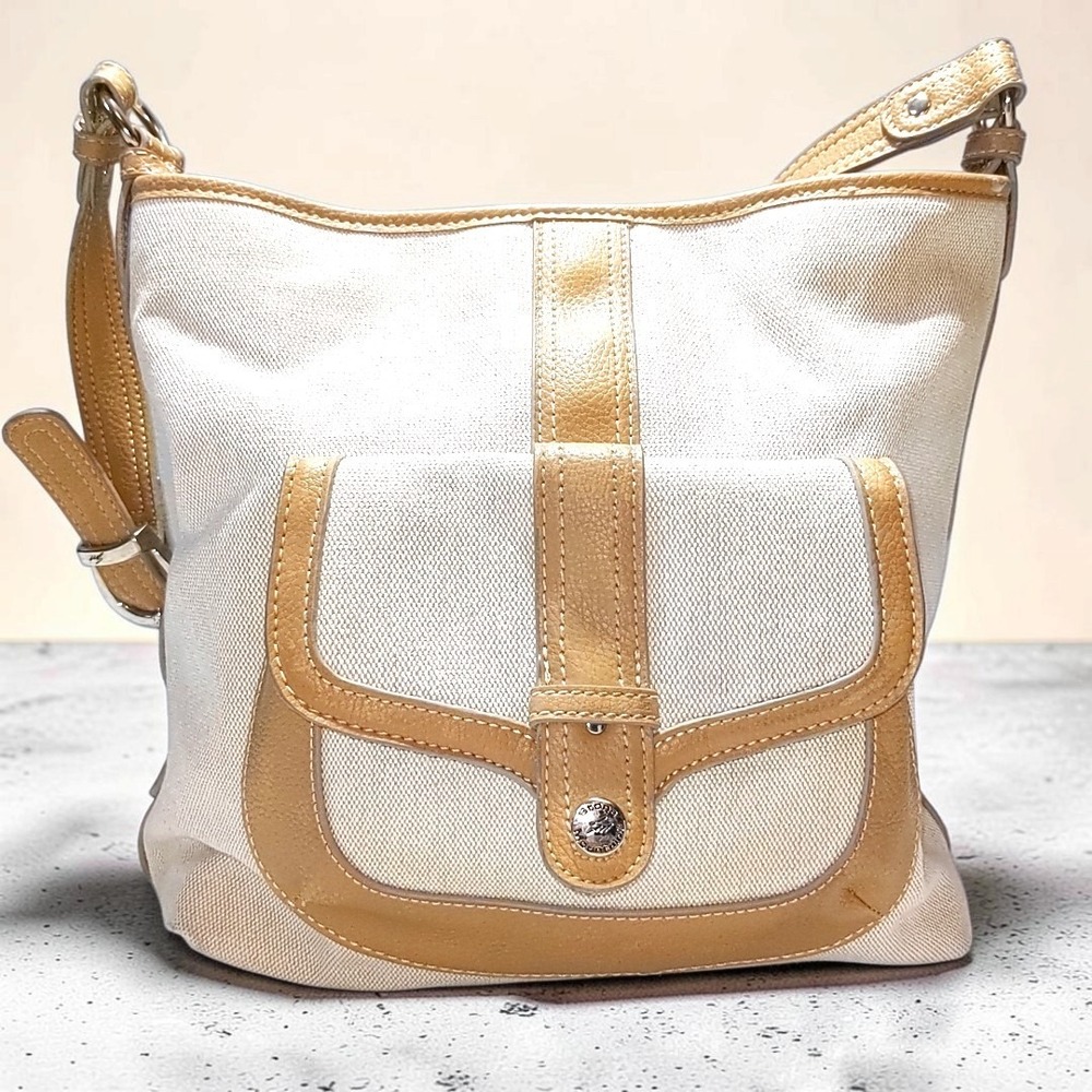Stone Mountain USA Canvas Leather Y2K Crossbody Purse Bag Cream Tan Coral